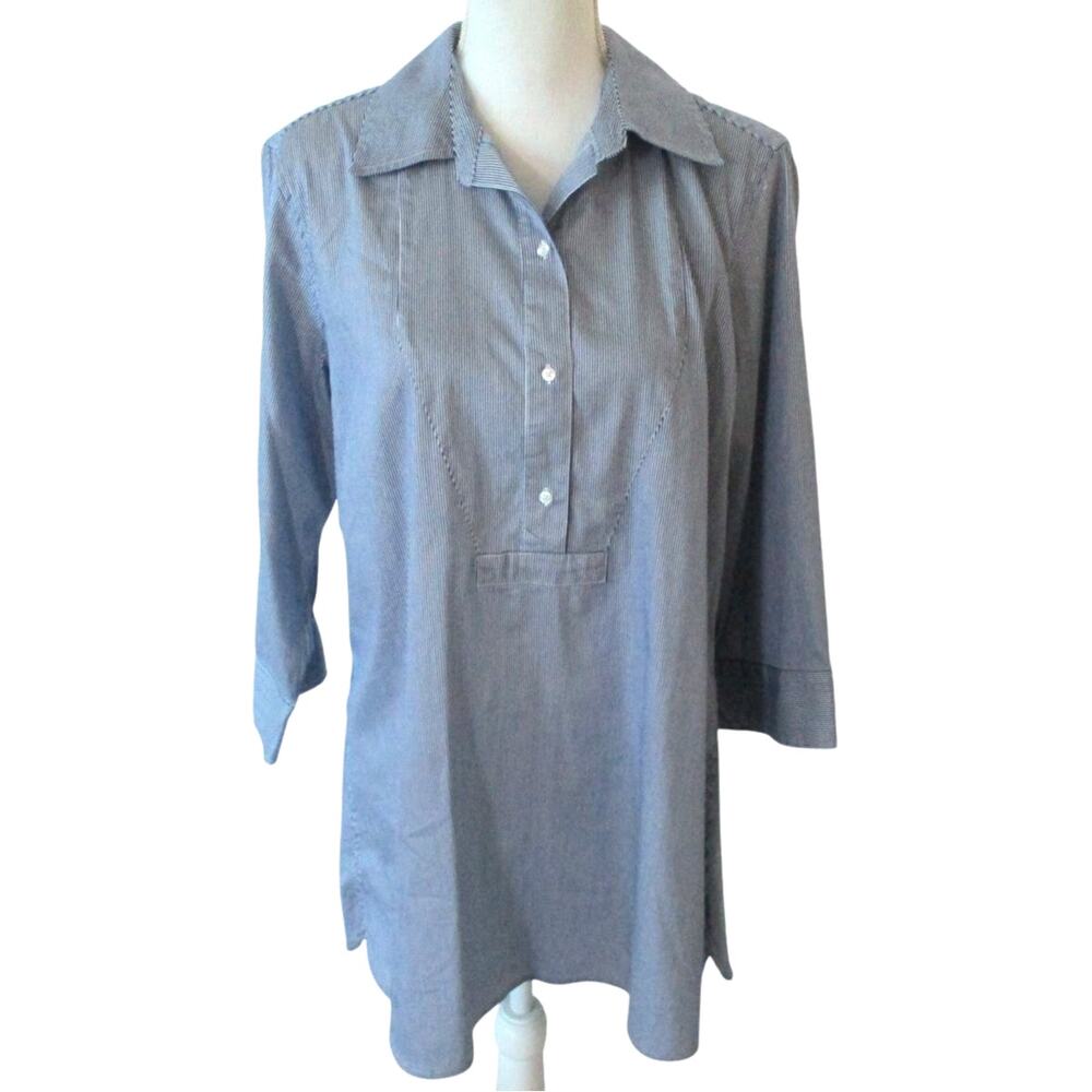 Chico's Women's Blue & White Striped 3/4 Sleeve Button Front Shirt Size Medium